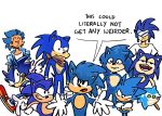  2019 adventures_of_sonic_the_hedgehog alternate_species anthro biped black_eyes blue_body blue_fur blue_hair cigardoesart classic_sonic classic_sonic_(universe) clothing crossed_arms dessert dialogue ear_piercing ear_ring english_text eulipotyphlan food footwear frown fur gloves green_eyes grin group hair handwear hedgehog hi_res human humanized ice_cream looking_at_viewer male mammal neckerchief open_mouth piercing shirt shoes simple_background smile sonic_adventure sonic_boom sonic_man sonic_the_hedgehog sonic_the_hedgehog_(film) sonic_the_hedgehog_(series) square_crossover standing text topwear white_background white_clothing white_shirt white_topwear wraps 