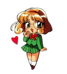  1990s_(style) 1girl artbook blonde_hair chibi chibi_only green_eyes hairband hand_on_own_face heart hououji_fuu ishida_atsuko magic_knight_rayearth official_art open_mouth red_hairband retro_artstyle scan school_uniform simple_background white_background 