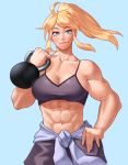  1girl abs absurdres blue_background blue_eyes breasts character_request cleavage clothes_around_waist collarbone commission copyright_request exercise facing_viewer hand_on_hip high_ponytail highres kettlebell large_breasts light_smile lips long_hair muscle muscular_female nose pants ponytail purple_pants purple_sports_bra sidelocks solo sotcho spaghetti_strap sports_bra sweater sweater_around_waist weightlifting 