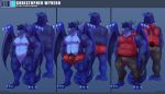  3_toes 5_fingers absurd_res anthro arebeano blue_body blue_eyes blue_hair blue_scales blue_skin bottomwear boxers_(clothing) bulge christopher_wyvern clothing color_swatch dragon fingers front_view hair hi_res horn male membrane_(anatomy) membranous_wings model_sheet musclegut nipple_piercing nipples nude pants piercing pubes rear_view red_clothing scales scalie simple_background sleeveless_hoodie solo striped_tail stripes toes underwear wing_claws wings 
