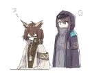  2girls animal_ears arknights bangs brown_hair eyebrows_visible_through_hair female_doctor_(arknights) glasses hair_between_eyes hooded_coat horns jacket long_hair long_sleeves multiple_girls nejikyuu owl_ears rhine_lab_logo short_hair silence_(arknights) simple_background sleeping sleeping_upright zzz 