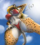  anthro bikini bra breasts cheetah clothing dasha_(yoshiheat) felid feline female hands_behind_head low-angle_view mammal panties solo swimwear text underwear worm&#039;s-eye_view yoshiheat 