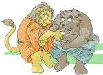  2005 anthro brown_body brown_fur clothing duo felid fur gombee kemono lion male mammal overweight overweight_male pantherine robe sitting ursid 