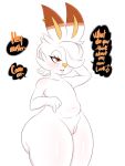  3:4 anthro blush dialogue female flat_chested genitals hi_res nintendo nude pok&eacute;mon pok&eacute;mon_(species) pussy saltyxodium scorbunny simple_background solo thick_thighs video_games white_background 