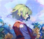  1girl character_request closed_mouth cloud cloudy_sky day flower green_hair kazami_yuuka kusariuta long_sleeves looking_back plaid plaid_vest profile red_eyes red_vest shirt short_hair sky sunflower sunlight touhou upper_body vest white_shirt yellow_flower 