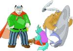  2003 anthro asterix asterix_&amp;_obelix asterix_(character) blue_body blue_fur bottomwear brown_body brown_fur canid canine canis cape clothing domestic_dog fur gombee group hat headgear headwear kemono male mammal obelix overweight pants sitting ursid white_body white_fur 