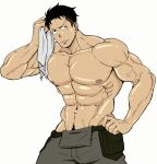  1boy abs akitaru_oubi bara black_hair en'en_no_shouboutai highres holding holding_towel large_pectorals male_focus muscular muscular_male navel navel_hair nipples pants pectorals rocckart short_hair solo sweat topless_male towel undercut veins veiny_arms white_background 