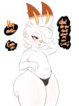  3:4 anthro blush camel_toe clothed clothing dialogue female hi_res nintendo panties pok&eacute;mon pok&eacute;mon_(species) saltyxodium scorbunny simple_background solo thick_thighs topless underwear video_games white_background 