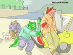 2004 anthro bottomwear canid canine canis car clothing domestic_dog eyes_closed fur gombee green_body green_fur group humanoid_hands kemono male mammal outside pants red_body red_fur shirt sitting text topwear vehicle 