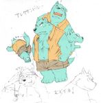  2005 anthro black_nose blue_body blue_fur bottomwear canid canine canis clothing domestic_dog fur japanese_text kemono kinoshita-jiroh male mammal overweight overweight_anthro overweight_male shirt shorts solo text topwear 