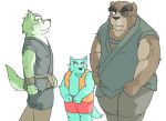  2004 anthro blue_body blue_fur bottomwear brown_body brown_fur canid canine canis clothing domestic_dog eye_patch eyewear fur gombee gouki_(the_spicy_ninja_scrolls) green_body green_fur group kemono low_res male mammal overweight overweight_male robe scar shorts simple_background the_spicy_ninja_scrolls ursid wasabi_(the_spicy_ninja_scrolls) white_background 