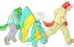 2003 ? anthro blue_body blue_fur bottomwear canid canine canis clothing domestic_dog flag fur gombee green_body green_fur group humanoid_hands kemono male mammal pants red_body red_fur shirt simple_background topwear white_background 