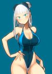  1girl bangs bare_arms bare_shoulders blue_background blush breasts cleavage collarbone commentary_request electro_emilia eyebrows_visible_through_hair goggles goggles_on_head green_eyes hair_bun hand_on_hip highleg highleg_swimsuit ken_(koala) large_breasts looking_at_viewer one-piece_swimsuit original pale_skin smile solo swimsuit thighs tied_hair white_hair 