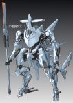  absurdres grey_background hammerhead_shark highres holding holding_spear holding_weapon mecha mechanization no_humans open_hand original polearm red_eyes solo spear standing weapon ztb0000 