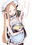  1girl abigail_williams_(fate/grand_order) abigail_williams_(swimsuit_foreigner)_(fate) apron bangs bare_shoulders batter bikini black_cat blonde_hair blue_eyes blush bonnet bow bowl braid breasts cat fate/grand_order fate_(series) forehead hair_bow hair_rings highres long_hair nakamura_regura open_mouth parted_bangs sidelocks simple_background small_breasts smile swimsuit translation_request twin_braids twintails very_long_hair whisk white_apron white_background white_bikini white_bow white_headwear 