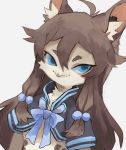  1girl ahoge animal_ear_fluff animal_ears beak blue_eyes brown_hair cat_ears cat_girl english_commentary eulette_(sui_(suizilla)) furry grey_background hair_between_eyes highres hybrid long_hair looking_at_viewer original owl_girl simple_background solo sui_(suizilla) upper_body 