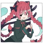  1girl :3 animal_ears bangs black_bow bow cat_ears cat_tail commentary_request dress flashlight ghost green_dress hair_bow highres holding holding_flashlight juliet_sleeves kaenbyou_rin kt_kkz long_hair long_sleeves looking_at_viewer multiple_tails open_mouth puffy_sleeves red_eyes red_hair red_neckwear smile solo tail touhou twintails two_tails upper_body very_long_hair white_background 