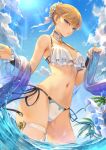  1girl afk_arena bangs bare_shoulders bikini blonde_hair blue_eyes blue_sky breasts cloud cloudy_sky commentary_request day eyebrows_visible_through_hair fingernails hair_bun hair_ornament highres lips looking_at_viewer mashuu_(neko_no_oyashiro) medium_breasts navel official_art outdoors palm_leaf palm_tree side-tie_bikini simple_background sky solo stomach sunlight swimsuit tied_hair tree wading water water_drop wrist_cuffs 