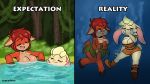  16:9 2020 activision annoyed anthro bianca_(spyro) blonde_hair boots breasts brown_hair cleavage clothed clothing crossed_arms digital_media_(artwork) duo elora embarrassed english_text expectation_vs_reality eyes_closed faun female footwear grin hair hi_res hooves hot_tub joaoppereiraus lagomorph leporid mammal rabbit short_hair signature smile spyro_the_dragon text thick_thighs underwater video_games water widescreen 