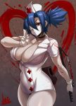  1girl absurdres artist_name blood blue_hair bonesaw breasts cleavage commentary covered_nipples eyepatch hat heart highres jmg large_breasts looking_at_viewer mask mouth_mask nurse nurse_cap ponytail red_eyes short_hair signature skullgirls solo thick_thighs thighs valentine_(skullgirls) 