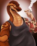 anthro brown_body cigarette clothed clothing grey_clothing grey_topwear half-length_portrait hi_res holding_cigarette holding_object imperatorcaesar male markings mouth_closed narrowed_eyes orange_body orange_markings orange_scales portrait reptile scales scalie simple_background slightly_chubby slightly_chubby_anthro slightly_chubby_male smoke snake solo topwear