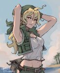  1girl ahoge armpit_peek arms_behind_head artist_name bandana beach belt blonde_hair brown_belt brown_eyes cm_lynarc fanny_pack green_bandana green_jacket green_shorts green_wristband highres jacket kasamoto_eri long_hair metal_slug midriff navel panties panty_peek shorts signature sleeveless sleeveless_jacket smile solo underwear upper_body wristband 