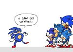  2019 adventures_of_sonic_the_hedgehog anthro biped black_eyes blue_body blue_fur cigardoesart classic_sonic classic_sonic_(universe) clothing crossed_arms dialogue english_text eulipotyphlan footwear frown fur gloves group handwear hedgehog hi_res male mammal meme sanic shoes simple_background sonic_boom sonic_the_hedgehog sonic_the_hedgehog_(series) speech_bubble square_crossover standing tan_body tan_fur text white_background 