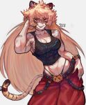  1girl absurdres animal_ears bandaid belt belt_buckle blonde_hair bracelet breasts buckle cat_ears choker cowboy_shot fangs gabriel_ales hair_between_eyes highres jewelry long_hair looking_at_viewer medium_breasts muscular muscular_female original panties pants red_eyes red_pants shoulder_tattoo solo tail tattoo teeth tongue tongue_out twitter_username underwear very_long_hair 