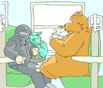  2003 anthro belly blue_body blue_fur bottomwear brown_body brown_fur clothing fur gombee group hat headgear headwear inside kemono low_res male mammal overweight pants sitting ursid 