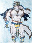 anthro bandanna blood bodily_fluids bulge canid canine canis clothing hi_res horkeukamui kerchief loincloth male mammal muscular muscular_anthro muscular_male nosebleed school_uniform snow solo thebarabandit tokyo_afterschool_summoners uniform video_games wolf 
