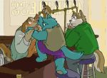  2004 angry anthro apron blue_body blue_fur bottomwear brown_body brown_fur canid canine canis clothing detailed_background domestic_dog fur gombee group humanoid_hands kemono male mammal pants shirt shorts sitting text topwear 