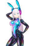  1girl animal_ears arm_up bangs black_bodysuit blue_eyes blue_leotard blush bodysuit bunny_day bunny_ears closed_mouth commentary_request electro_emilia eyebrows_visible_through_hair fake_animal_ears hand_on_hip headgear ken_(koala) leotard long_hair long_sleeves looking_at_viewer original pale_skin shiny shiny_clothes simple_background skin_tight solo turtleneck white_background white_hair 