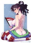  1girl ass back back_tattoo bangs bare_back black_hair breasts earrings fan folding_fan holding holding_fan inuyasha japanese_clothes jewelry kagura_(inuyasha) kajin_(kajinman) kimono kimono_removed large_breasts long_hair looking_at_viewer nail_polish nude pointy_ears ponytail red_eyes red_nails sideboob solo spider_tattoo tan tattoo 