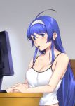  1girl ahoge at_computer blue_eyes blue_hair blush breasts camisole casual chair cleavage collarbone commentary commission cookie english_commentary eyebrows_visible_through_hair food food_in_mouth hairband highres huge_ahoge kauru00 long_hair looking_at_viewer medium_breasts monitor mouth_hold oreo orie_(under_night_in-birth) pun sitting solo spaghetti_strap under_night_in-birth very_long_hair white_hairband 