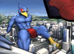  2020 anthro avian bird blue_body blue_fur building city clothing corneria destruction falco_lombardi fur genitals hi_res internal macro male mountain nintendo penis sky solo speedo star_fox street swimwear togepi1125 underwear video_games wootenstien worship 