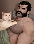  1boy animal bara beard body_hair cat cat_on_person chest chest_hair facial_hair highres jang_ju_hyeon league_of_legends looking_at_viewer lying malcolm_graves male_focus manly meme muscle nipples pectorals raised_eyebrow shirtless simple_background woman_yelling_at_cat 