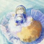  1girl blonde_hair blue_footwear blue_hat blue_jacket cake chibi chibi_only closed_eyes closed_mouth dungeon_meshi falin_touden falin_touden_(tallman) food ge_dazuo hat highres jacket long_sleeves lying mini_person minigirl on_back open_clothes open_jacket photo-referenced smile solo 