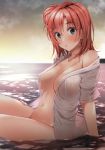  1girl :o absurdres bangs bare_shoulders blue_eyes blush breasts cloud collarbone commentary_request covered_nipples eyebrows_visible_through_hair hair_between_eyes hair_bun highres in_water large_breasts looking_at_viewer nakamachi_machi naked_shirt navel off_shoulder open_clothes open_mouth orange_hair partially_submerged see-through shirt short_hair side_bun sitting sky solo thighs unbuttoned unbuttoned_shirt water wet wet_clothes white_shirt yahari_ore_no_seishun_lovecome_wa_machigatteiru. yuigahama_yui 