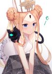  1girl abigail_williams_(fate/grand_order) abigail_williams_(swimsuit_foreigner)_(fate) bangs bare_shoulders black_cat blonde_hair blue_eyes braid braided_bun breasts cat double_bun dress_swimsuit fate/grand_order fate_(series) forehead highres itsumi_mita keyhole leaning_forward long_hair mitre parted_bangs pout sidelocks small_breasts swimsuit twintails very_long_hair white_headwear white_swimsuit 