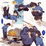 2boys angry belt black_pants bokken face_down falling highres japanese_clothes kicking kunou_tatewaki male_focus multiple_boys multiple_views pants ponytail ranma_1/2 saotome_ranma siyer_(siyeyeyeyer) squatting sword through_ground weapon wooden_sword 