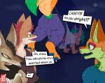 all_fours anthro balls_outline bulge butt canid canine casey_(dmb) clothed clothing detailed_bulge dialogue fox genital_outline group hi_res jooper male male/male mammal raised_tail speech_bubble tail thick_tail