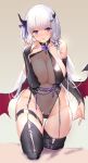  1girl absurdres azur_lane bangs blue_eyes blush breasts bridal_gauntlets cleavage demon_girl eyebrows_visible_through_hair groin hair_ornament hair_ribbon hairclip heart heart-shaped_pupils highres horns illustrious_(azur_lane) large_breasts long_hair looking_at_viewer low_twintails mole mole_under_eye one_knee revealing_clothes ribbon sidelocks skindentation smile solo succubus swd3e2 symbol-shaped_pupils thigh_strap thighhighs thighs twintails white_hair wings 