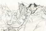 chopsticks clothing cutlery dachu_(dachubaisalis) eyes_closed female feral food fur group hair hi_res kitchen_utensils licking licking_lips looking_at_viewer male open_mouth open_smile raesheris sergal sketch smile spoon talyxian talyxian_stalker tongue tools