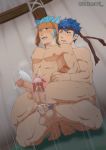  2boys abs anal animal_ears bara blue_eyes blue_hair bouncing_penis cat_ears censored chest cum dark_skin ejaculation erection fire_emblem full_body green_eyes headband heterochromia ike_(fire_emblem) kakenari male_focus mosaic_censoring multiple_boys muscle nipples nude pectorals penis purple_eyes ranulf_(fire_emblem) sex shiny shiny_hair shiny_skin short_hair testicles thick_thighs thighs twitter_username upper_body yaoi 