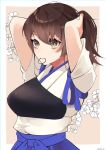  1girl blue_skirt breasts brown_eyes brown_hair hakama_skirt highres japanese_clothes kaga_(kantai_collection) kantai_collection kozu_(bloomme1_me) large_breasts long_hair muneate side_ponytail skirt solo tasuki tying_hair upper_body 