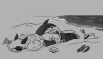  anthro beach black_body black_fur claws clothed clothing eyes_closed fish fur giant_panda hijackerdraws_(artist) hybrid lying male mammal marine monochrome multicolored_body multicolored_fur seaside shark simple_background solo two_tone_body two_tone_fur ursid white_body white_fur x_eyes 