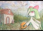  +_+ 1girl 1other @_@ arm_up ashes black_eyes body_fur closed_mouth colored_skin commentary_request day fallarbor_town flat_chest furry grass green_hair green_skin hair_over_one_eye in-universe_location keishi_(pixiv_1245064) kirlia letterboxed looking_up medium_hair multicolored_skin one_eye_covered open_mouth outdoors painting_(medium) poke_ball_symbol pokemon pokemon_(creature) pokemon_center red_eyes red_fur sharp_teeth sidelocks smoke spinda teeth traditional_media trapinch two-tone_fur two-tone_skin volcano watercolor_(medium) wavy_mouth white_fur white_skin 