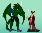  absurd_res alternate_costume anthro boxers_(clothing) canid canine clothing clothing_swap dragon duo footwear fox gesture hi_res male mammal muscular muscular_male pattern_clothing plaid plaid_clothing scalie shoes thumbs_up torn_clothing underwear wolfexorcistx 