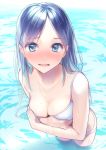  1girl absurdres backlighting bangs blue_eyes blue_hair blush breast_press breasts cleavage embarrassed hands_on_own_chest highres looking_at_viewer medium_breasts nose_blush open_mouth original parted_bangs partially_translated rinku_(rin9) solo standing strap_slip swimsuit translation_request water water_drop white_swimsuit 