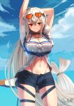  1girl absurdres ahoge arknights arms_up artist_name bangs beach_umbrella black_choker blue_shorts blue_sky blush breasts choker cleavage cloud commentary cowboy_shot day eyewear_on_head groin hair_between_eyes hair_ornament highres kaidho large_breasts long_hair looking_at_viewer low-tied_long_hair navel no_hat no_headwear parted_lips red_eyes short_shorts short_sleeves shorts silver_hair skadi_(arknights) sky solo standing stomach sunglasses thigh_strap thighs twitter_username umbrella very_long_hair whale_hair_ornament 
